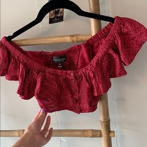 cropped off the shoulder red top